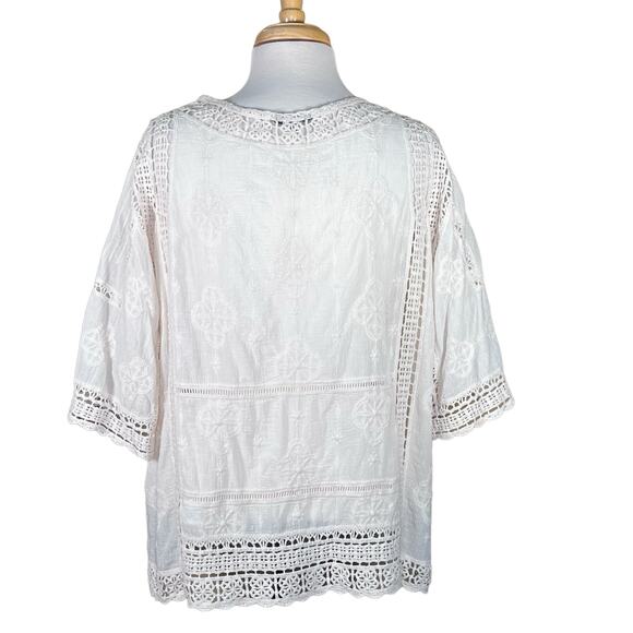 Democracy Women’s Ivory Gauzy Cotton Crochet Trim 3/4 Sleeve Boho Top Medium EUC - Picture 6 of 13